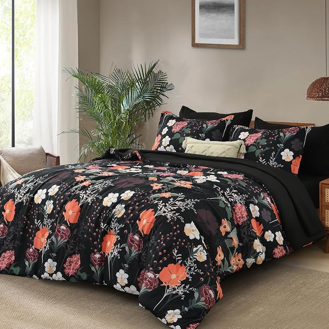Yiran Black Red Floral Comforter Set Queen Size, 7 Piece Winter Comforter - Image 2