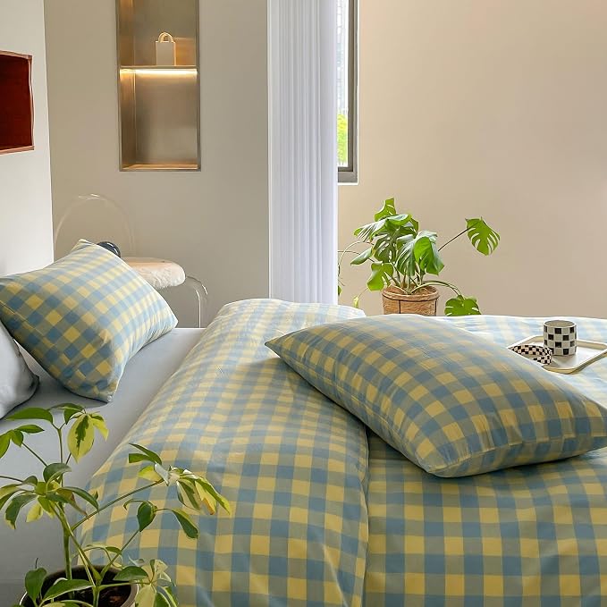 mixinni Yellow Blue Green Checkered Duvet Cover Set - Image 3
