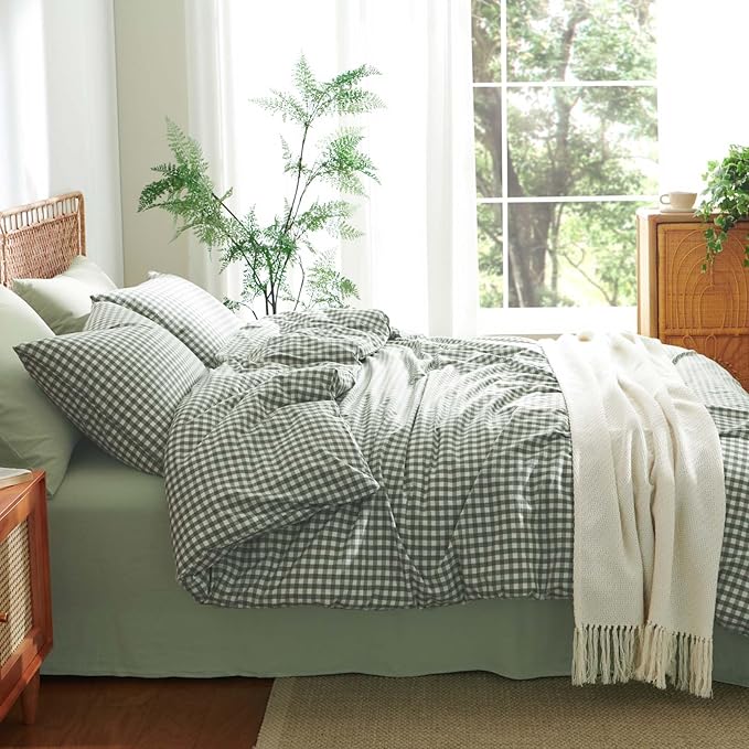 Nayoroom Gingham Duvet Cover Queen Size 100% Washed Cotton Green Plaid - Image 5