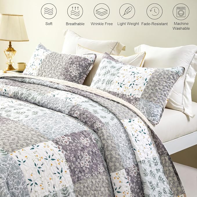 Whale Flotilla Patchwork Quilts Queen Size, Extra Soft Boho Floral Bedspreads - Image 4