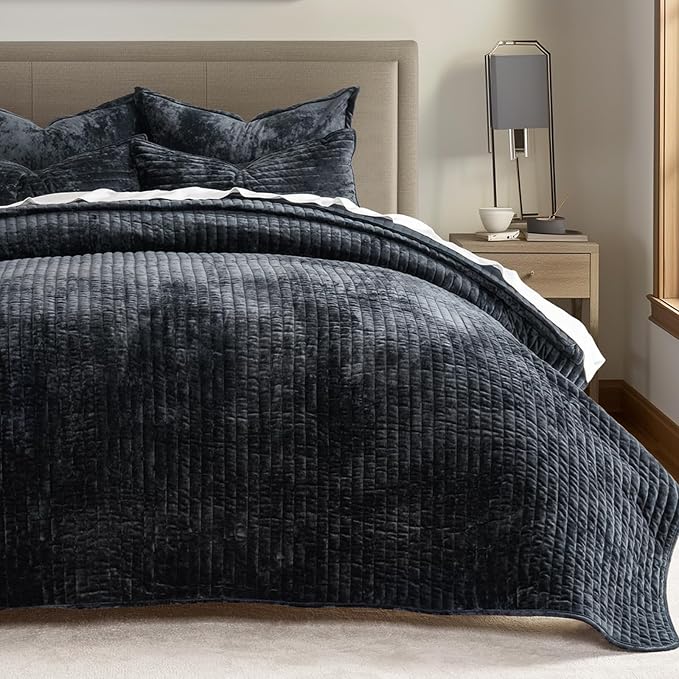 EVERGRACE Velvet Quilt Set Queen Size, Luxurious Soft Striped Channel Bedding - Image 8