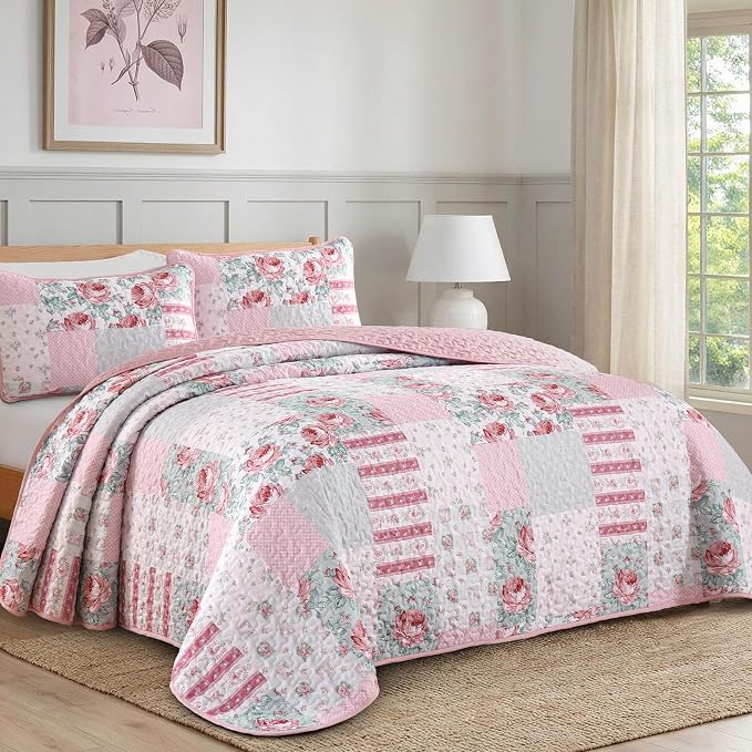 Patchwork Quilt Set Queen Size, 3 Piece Soft Microfiber Reversible Pink Grey - Image 2