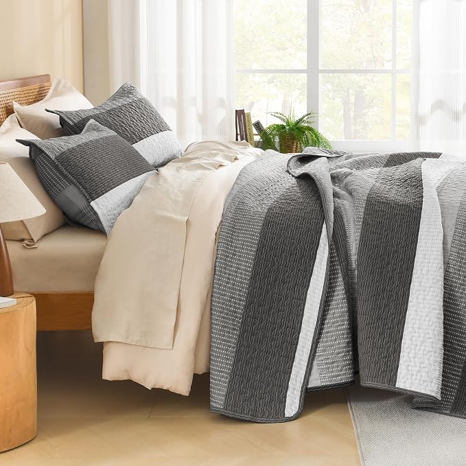Litanika Oversized King Quilt Set Dark Grey, 128x120 Stripe Bedspread Coverlet - Image 2