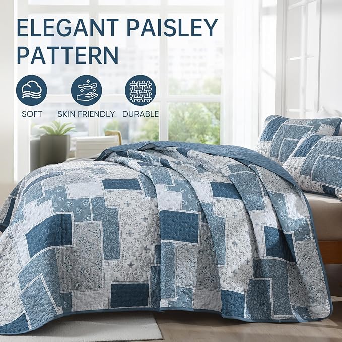Xruibed Blue Boho Quilt Set Queen Size, 3 Pieces Plaid Floral Bedspread - Image 3