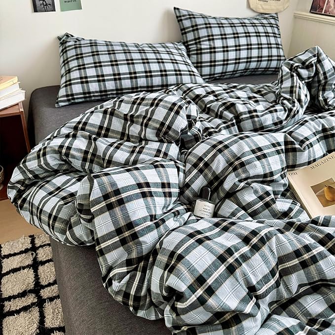 mixinni Vintage Grey & Pale Blue Buffalo Plaid Duvet Cover Set Twin XL Size by mixinni