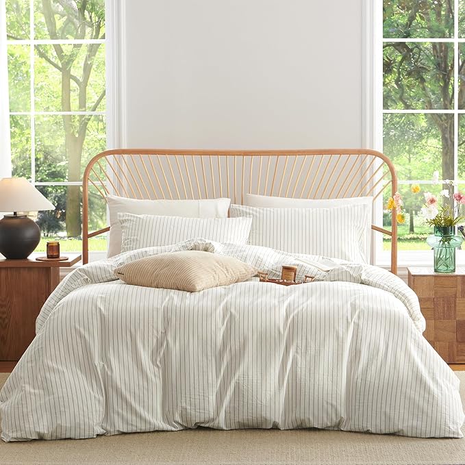 Nayoroom Striped Duvet Cover Queen Size 100% Washed Cotton White Brown Stripe - Image 7