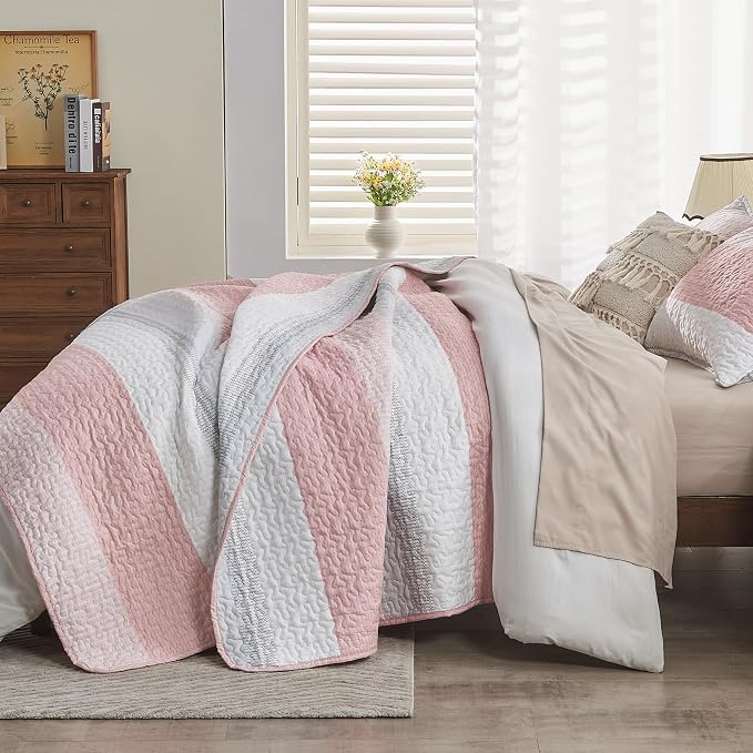 Andency Pink Quilt Queen, 3 Pieces Patchwork Striped Bedspread Coverlet Set - Image 2