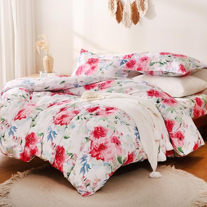 JSD Rose Floral Duvet Cover Set Queen Size, 3 Piece Soft Printed Microfiber by JSD