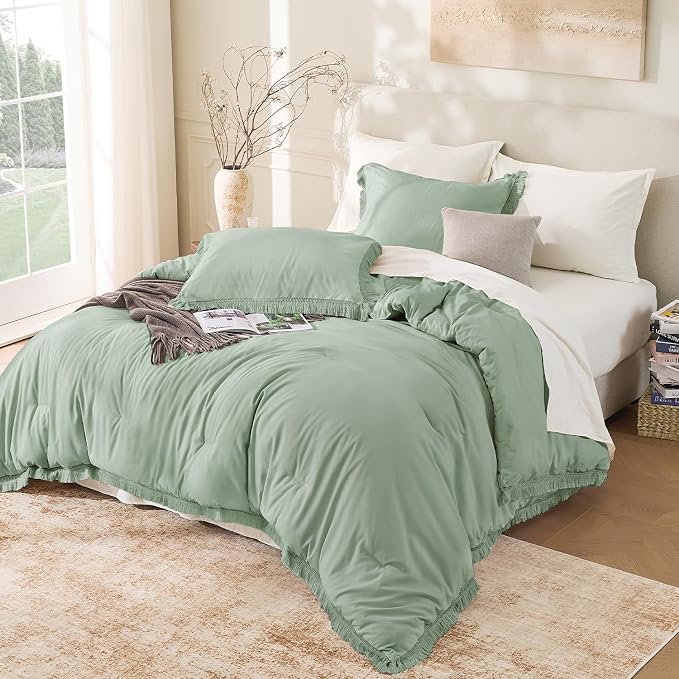 Andency Sage Green Tassel Comforter Set Full, 3 Pieces Boho Farmhouse Shabby - Image 6