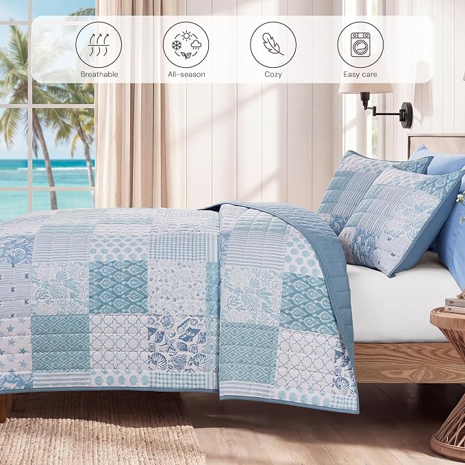 BLOOMHAVEN Quilt Set King Size, Patchwork Sea Blue Floral Quilt Sets, - Image 4