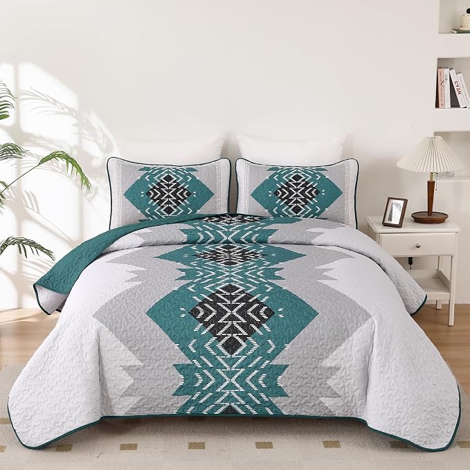 Dintszyayue Teal Boho Quilt Set Queen 3 Pieces Turquoise Aztec Texture by Dintszyayue