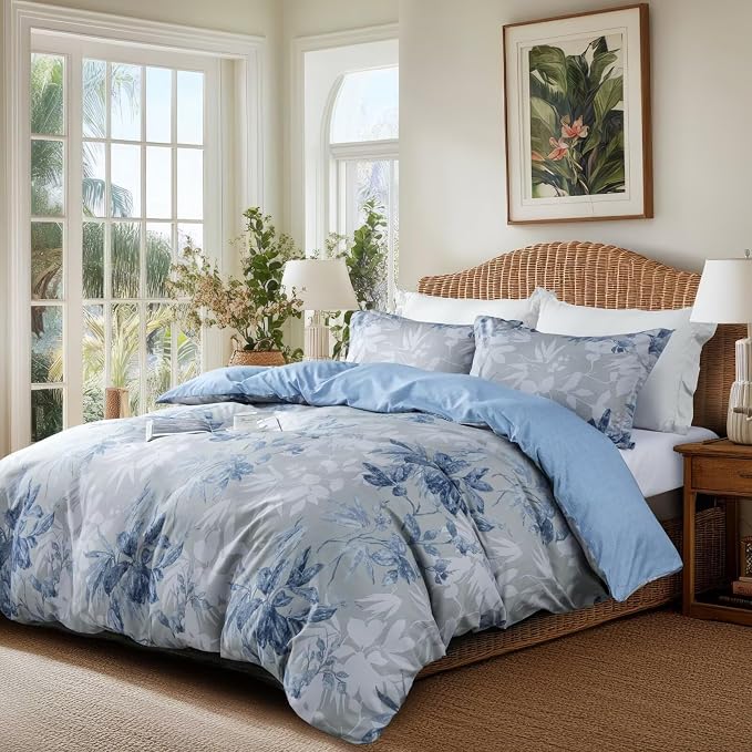 OAITE Duvet Cover Twin Size, Reversible Flower Blue Duvet Cover Set - Image 3