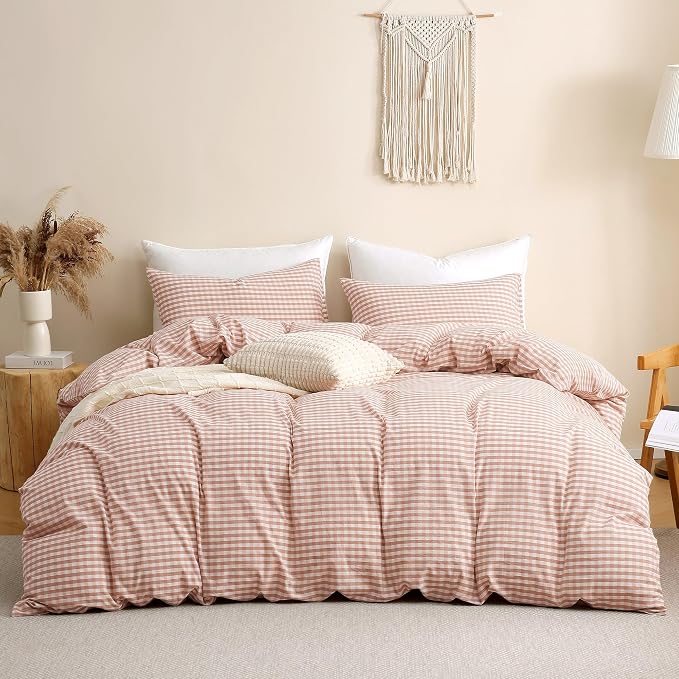 TOCOMOA Pink Tan Gingham Duvet Cover Bedding Set 100% Washed Cotton Like Linen - Image 3