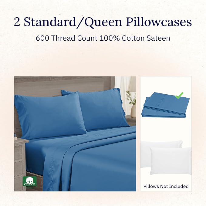 Pillow Cases Queen/Standard Set of 2-600 Thread Count Sateen, Natural 100% - Image 4