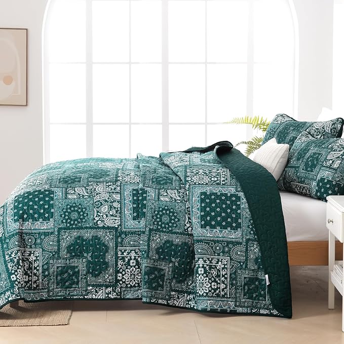 Cottolester Queen Quilt Set 3 Pieces, Emerald Green Patchwork Quilt Set - Image 5
