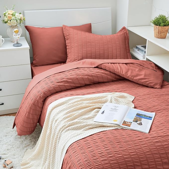 HYMOKEGE Coral Twin XL Comforter Set Seersucker 5 Pieces, All Season Luxury Bed - Image 2