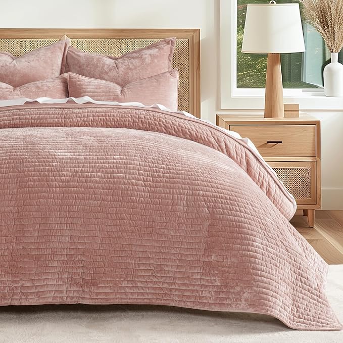 EVERGRACE Velvet Quilt Set King Size, Luxurious Soft Striped Channel Bedding Set - Image 8