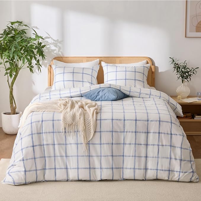 Blue Plaid Duvet Cover King, 100% Soft Washed Cotton King Size Duvet Cover Set - Image 7