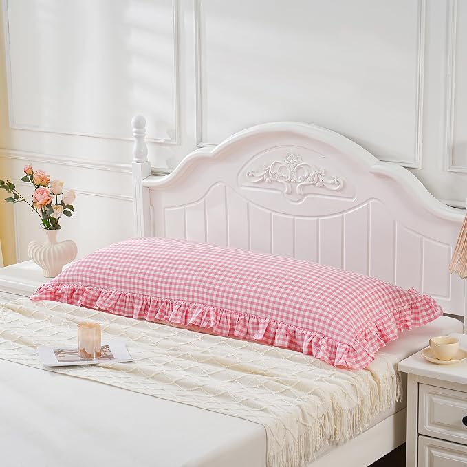 Pink/White Gingham Body Pillow Sham 20x54 inches, 100% Washed Cotton Ruffled - Image 3