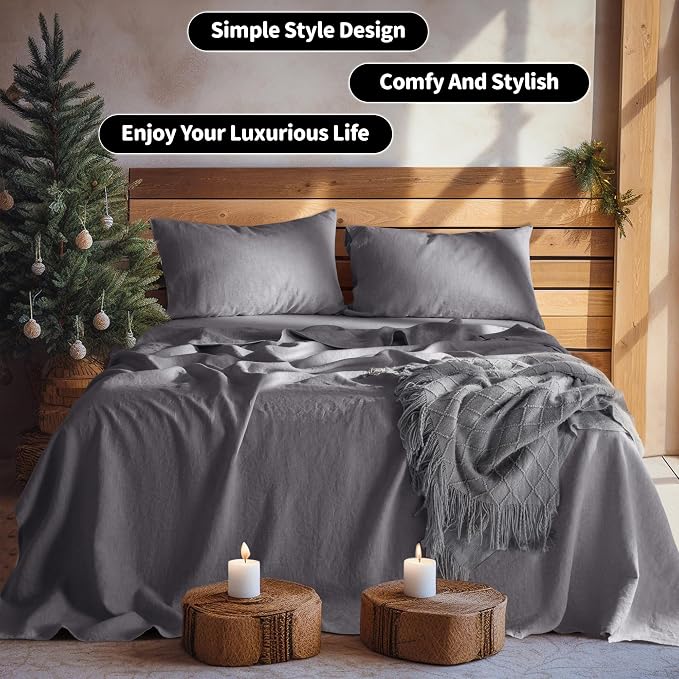 LBRO2M 100% Pure Linen Sheet Set Deep Pocket Up to 16" Bed Sheets Sets - Image 9