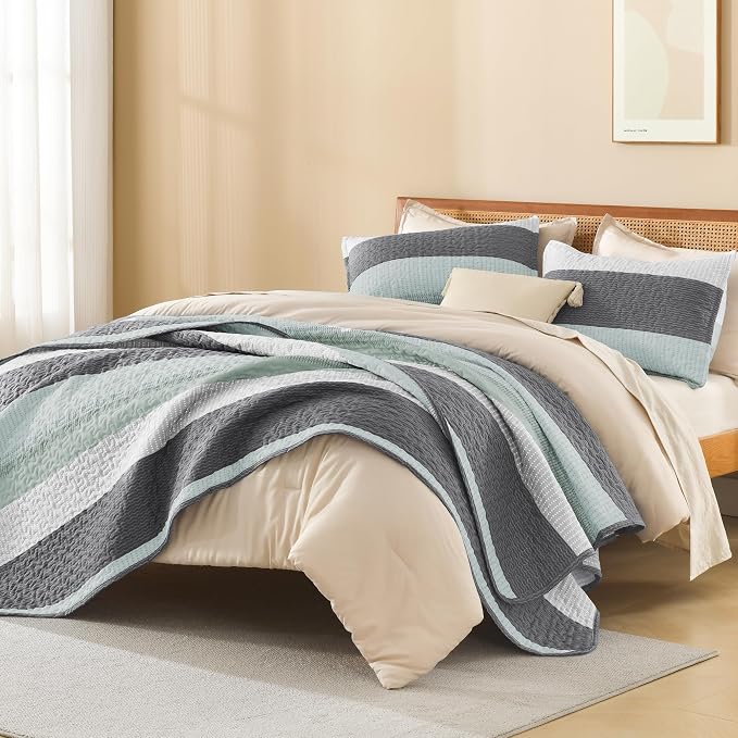 Litanika Quilt Queen Size Sage Green, Stripe Patchwork Summer Bedspread - Image 4