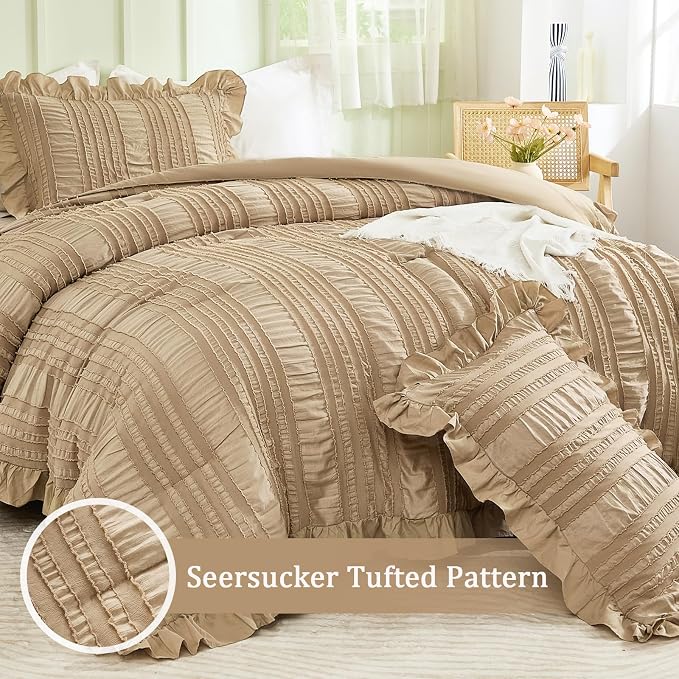 WONGS BEDDING Khaki Comforter Set Queen, 3 Pieces Ruffle Farmhouse Shabby Chic - Image 2