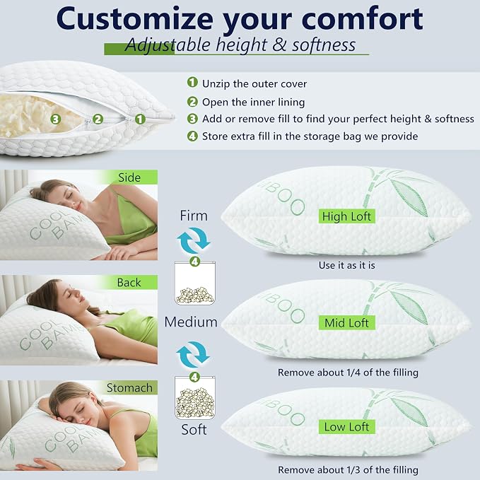 Shredded Memory Foam Pillows, Cooling Pillows King Size Set of 2 Adjustable - Image 3