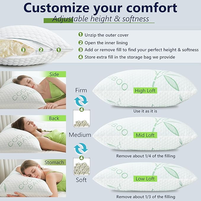 Shredded Memory Foam Pillow, Cooling Pillow King Size 1 Pack Adjustable Firm - Image 3