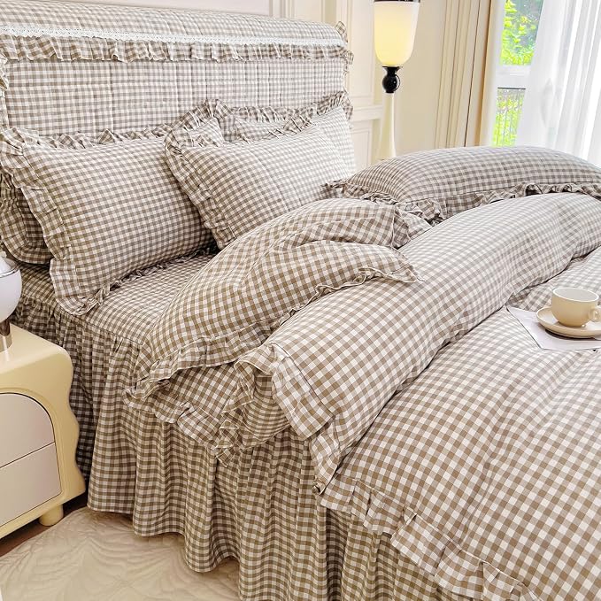 mixinni Tan Gingham Ruffle Duvet Cover Twin Size 3 Pieces – 100% Washed Cotton - Image 2