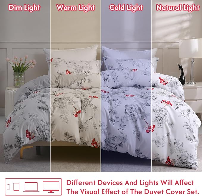 LONAVA Queen Flower 3 Pcs Duvet Cover Set, Breathable Soft Microfiber White - Image 5