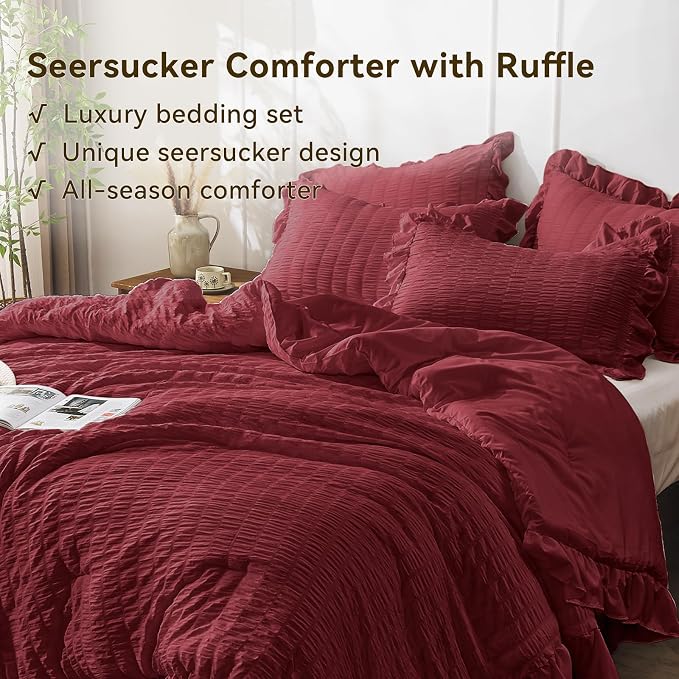 JOLLYVOGUE King Size Comforter Set, 3 Pieces Burgundy Seersucker Comforters - Image 3