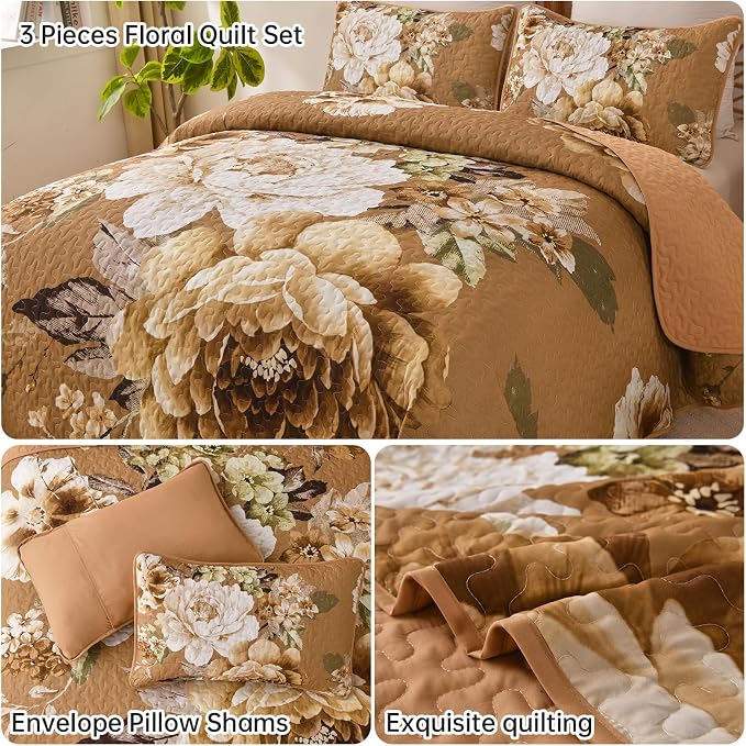 WONGS BEDDING Brown Floral Quilt Set King, 3 Pieces Reversible Lightweight - Image 5