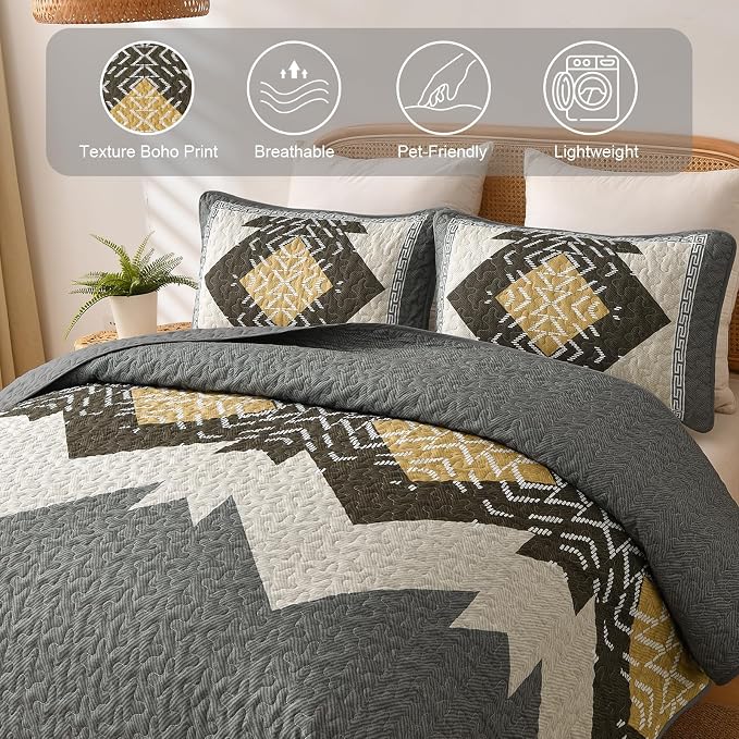 Dintszyayue Grey Boho Quilt Set Queen, Aztec Western Quilt Bedspread Set - Image 5