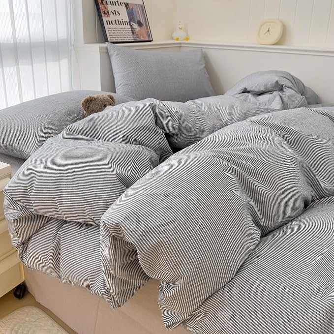mixinni Grey Striped Duvet Cover Twin Size - Image 2
