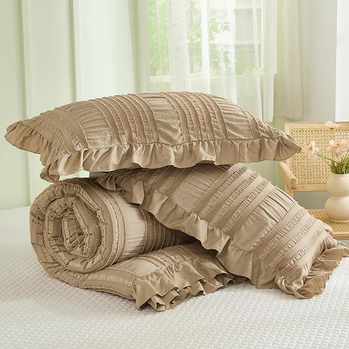 WONGS BEDDING Khaki Comforter Set Queen, 3 Pieces Ruffle Farmhouse Shabby Chic - Image 7