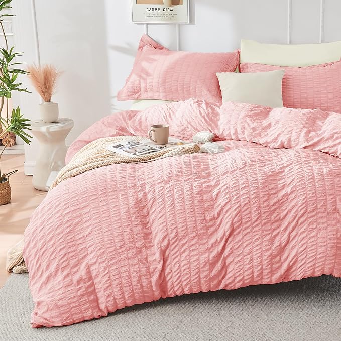 HYMOKEGE Pink/Ivory Duvet Cover Queen Size, Ultra Soft 3-Piece Seersucker Duvet by HYMOKEGE