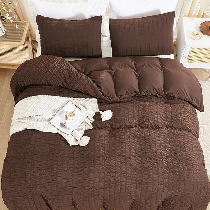 AveLom Brown Duvet Cover Full, 3 Pieces, Seersucker Tripe Soft Washed - Image 7