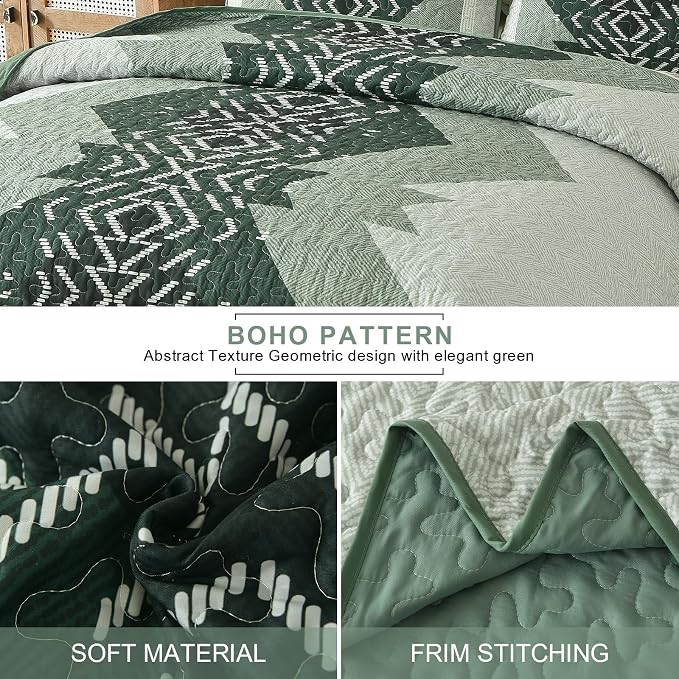 Dintszyayue Green Quilt Set Queen Size, 3 Piece Boho Aztec Texture Bedspread - Image 5