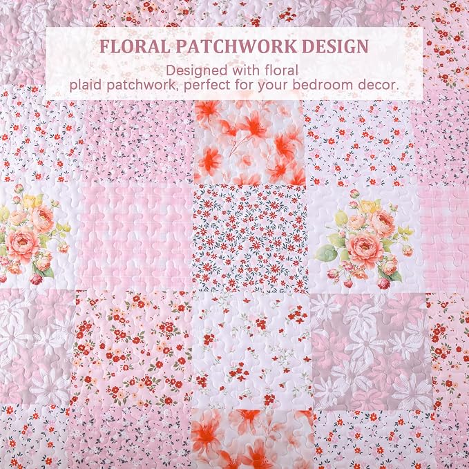 Mybedsoul Patchwork Quilts Queen Size, Soft Pink Boho Floral Queen Bedspreads - Image 4
