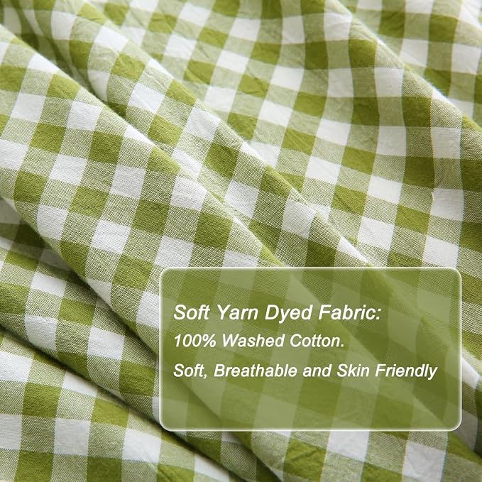 Silnuo Olive Green/White Checkered Ruffle 3-Piece Duvet Cover Set Twin Size - Image 5