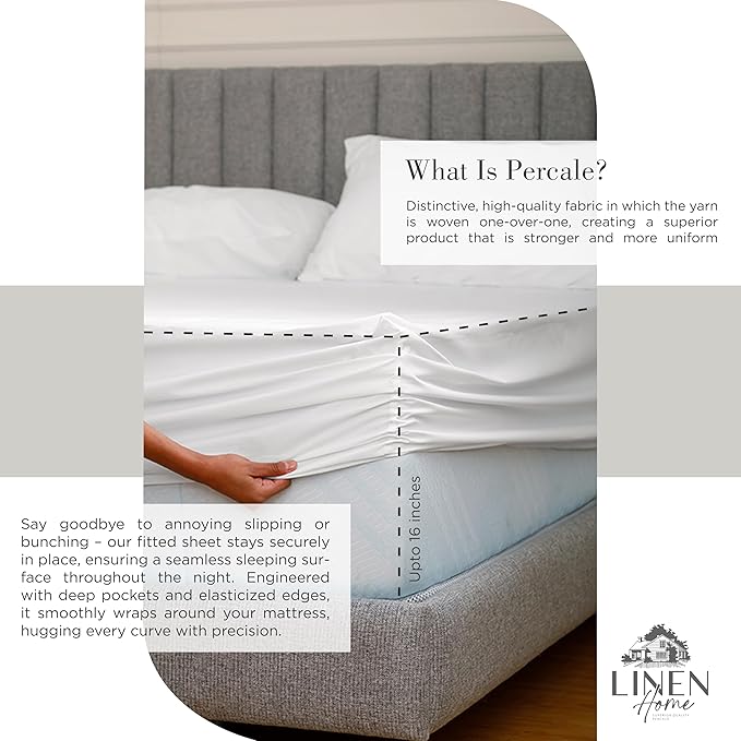 Linen Home 100% Cotton Percale Sheets Twin Size, Deep Pocket, 3 Pieces Set - Image 4