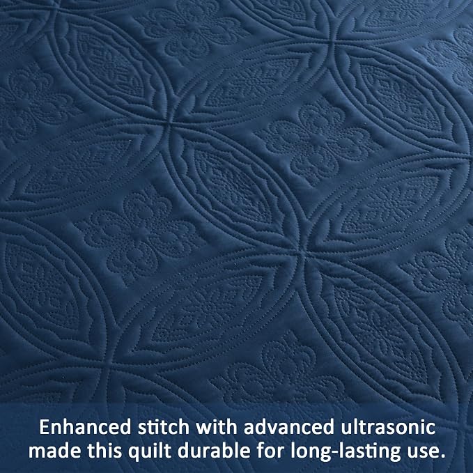 Yiran Navy Blue Quilt Set Queen Size Lightweight Bedspread Embossed Pattern - Image 5
