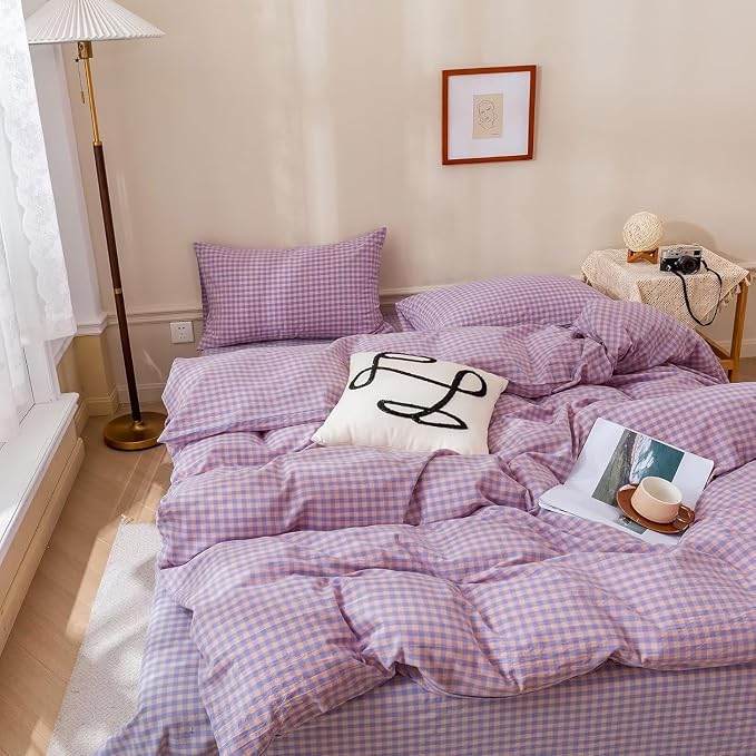 mixinni Purple Gingham Grid Duvet Cover Queen, 100% Washed Cotton Modern - Image 3