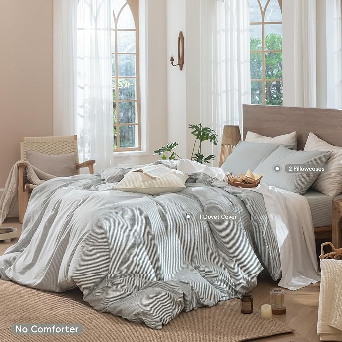 MooMee Striped Duvet Cover Set 100% Washed Cotton Linen Like Textured - Image 2