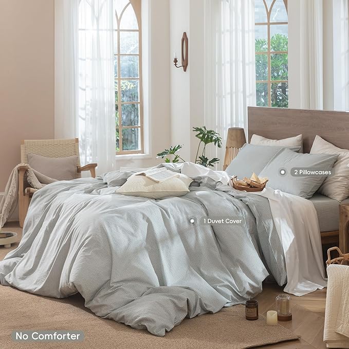 MooMee Striped Duvet Cover Set 100% Washed Cotton Linen Like Textured - Image 2