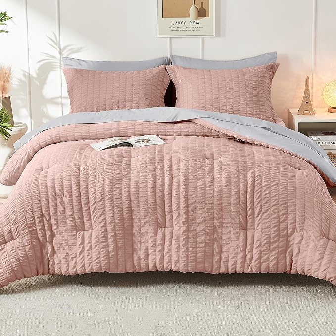 HYMOKEGE Rose Gold/Light Grey California King Comforter Set Seersucker 7 Pieces - Image 9
