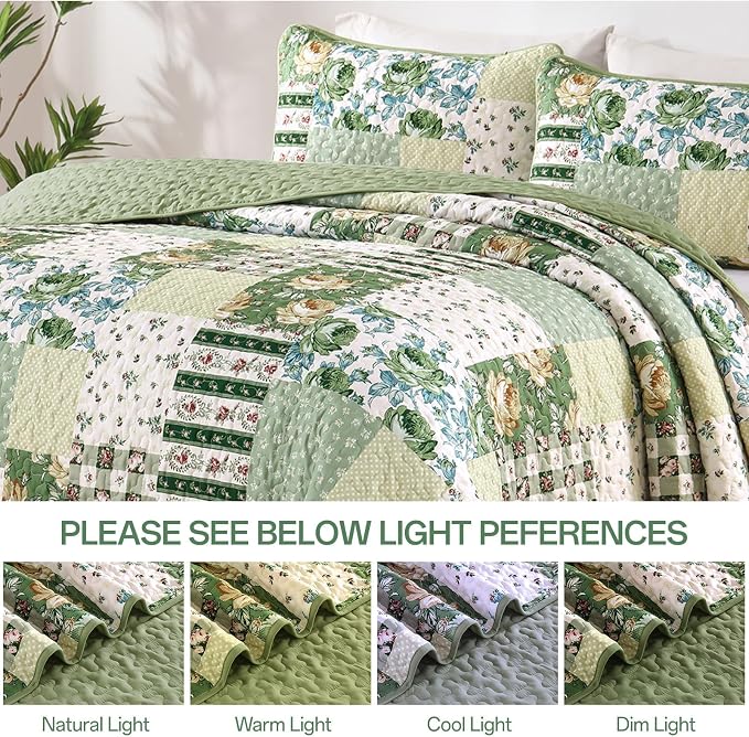 Anibedding Patchwork Quilt Set King Size Sage Green Floral Bedspread Coverlet - Image 5