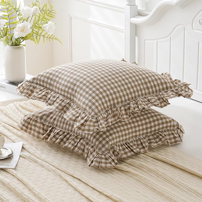Taupe/White Plaid Euro Pillow Shams Ruffle Pillowcases Set of 2, Shabby - Image 4