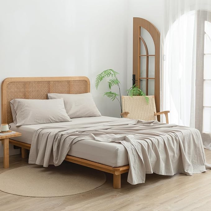 BESTOUCH Flat Sheet Only 100% Washed Cotton Linen Feel Wrinkle-Free, - Image 3