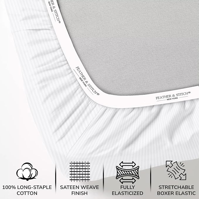 Feather & Stitch 1 Piece Fitted Sheet King Size, 100% Cotton Damask Sateen Weave - Image 2